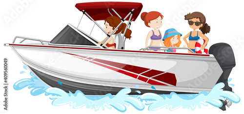 People standing on a speed boat isolated on white background