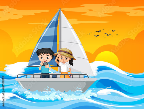 Beach sunset scene with a kid couple standing on a sailboat