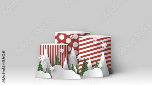 Christmas and New Year stage podium scene with blank space. Christmas mockup scene. Merry Christmas. paper cut and craft style. vector, illustration.