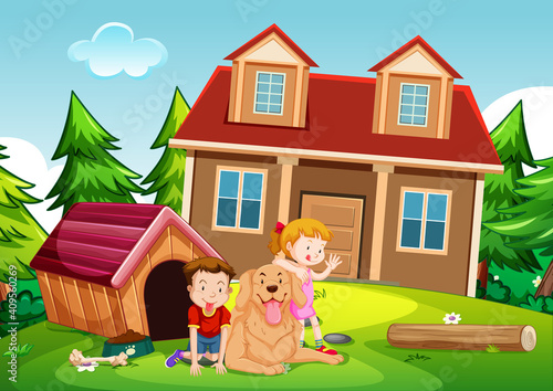 Outdoor scene with children playing with cute dog in front of the house