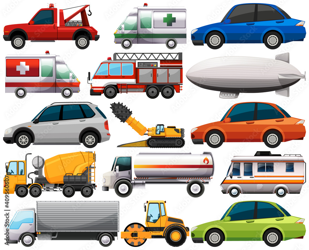 Set of different kind of cars and trucks isolated on white background Set of different kind of cars and trucks isolated on white background
