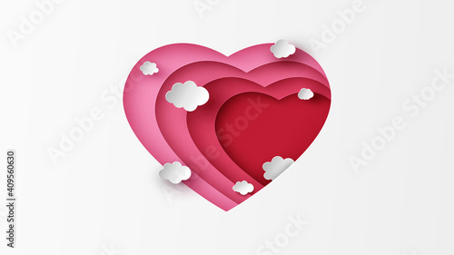 Paper layer cut of sky carving in a red heart shape and blank space. Happy Valentine's day. paper cut and craft style. vector, illustration.