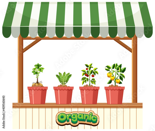 Plant shop with striped awning on white background