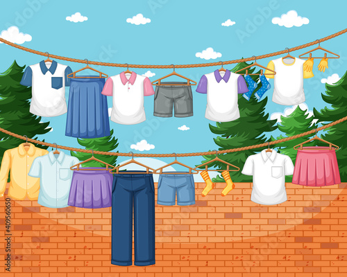 Clothes hanging on line in the yard