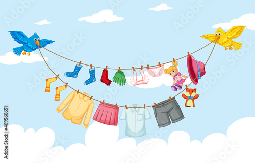Clothes hanging on line with sky background