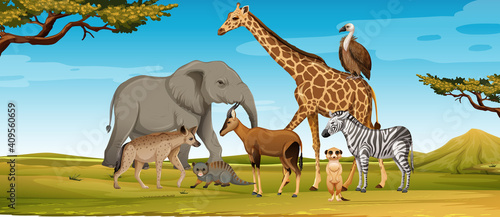 Group of wild african animal in the forest scene