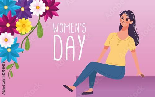 beautiful woman happy with flowers garden and womens day lettering