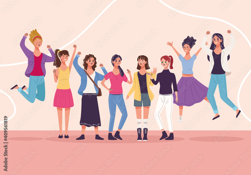 Fototapeta premium group of eight beautiful young women characters celebrating