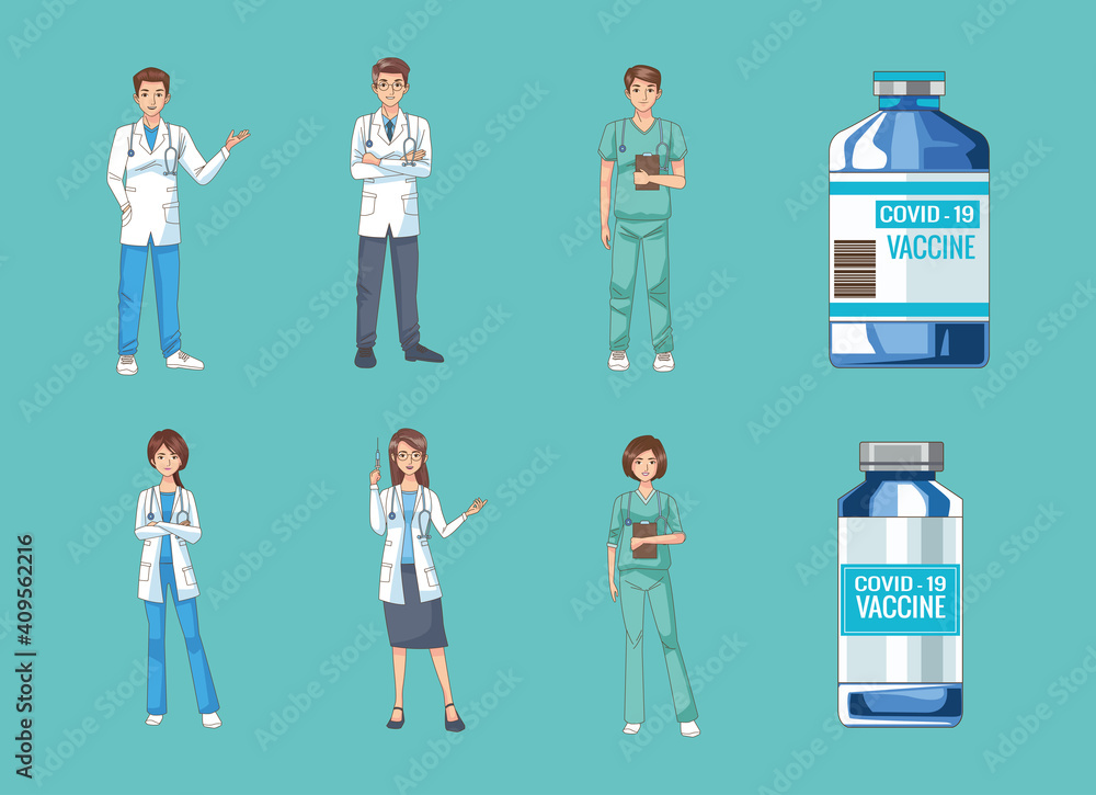 group of doctors with covid19 vaccine vials group of doctors with covid19 vaccine vials