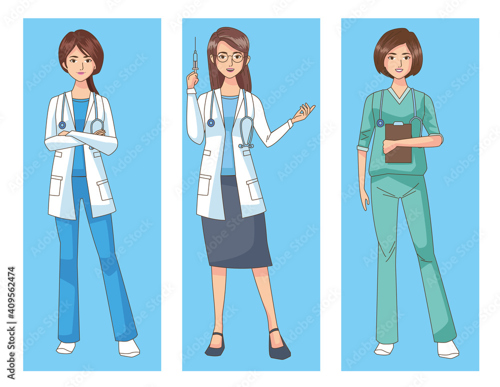 professionals female doctors with stethoscopes characters professionals female doctors with stethoscopes characters