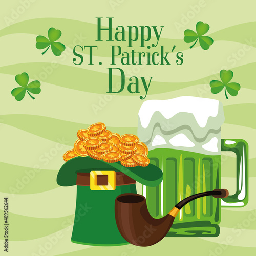 happy saint patricks day lettering poster with tophat and beer