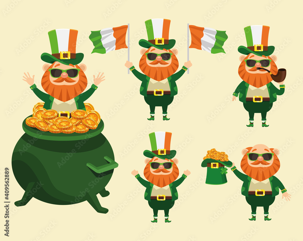 happy saint patricks day poster with bundle of five leprechaun characters happy saint patricks day poster with bundle of five leprechaun characters