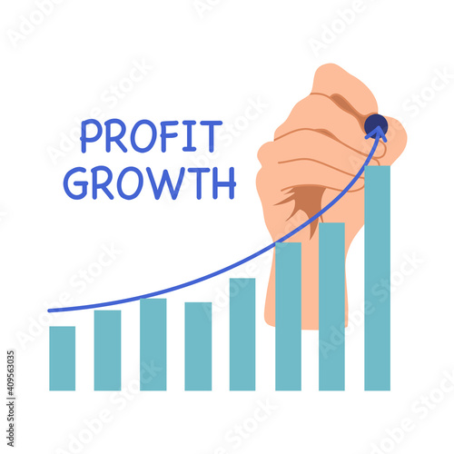 Hand writing curve above chart using pen in flat design. Business profit growth concept vector illustration on white background. Investment income increase.