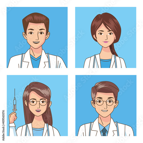 group of professionals doctors with stethoscopes characters