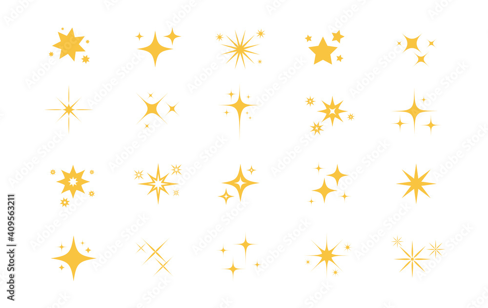set of yellow sparkles stars isolated on white background. Decoration twinkle, shiny, light effect. Vector illustration set of yellow sparkles stars isolated on white background. Decoration twinkle, shiny, light effect. Vector illustration