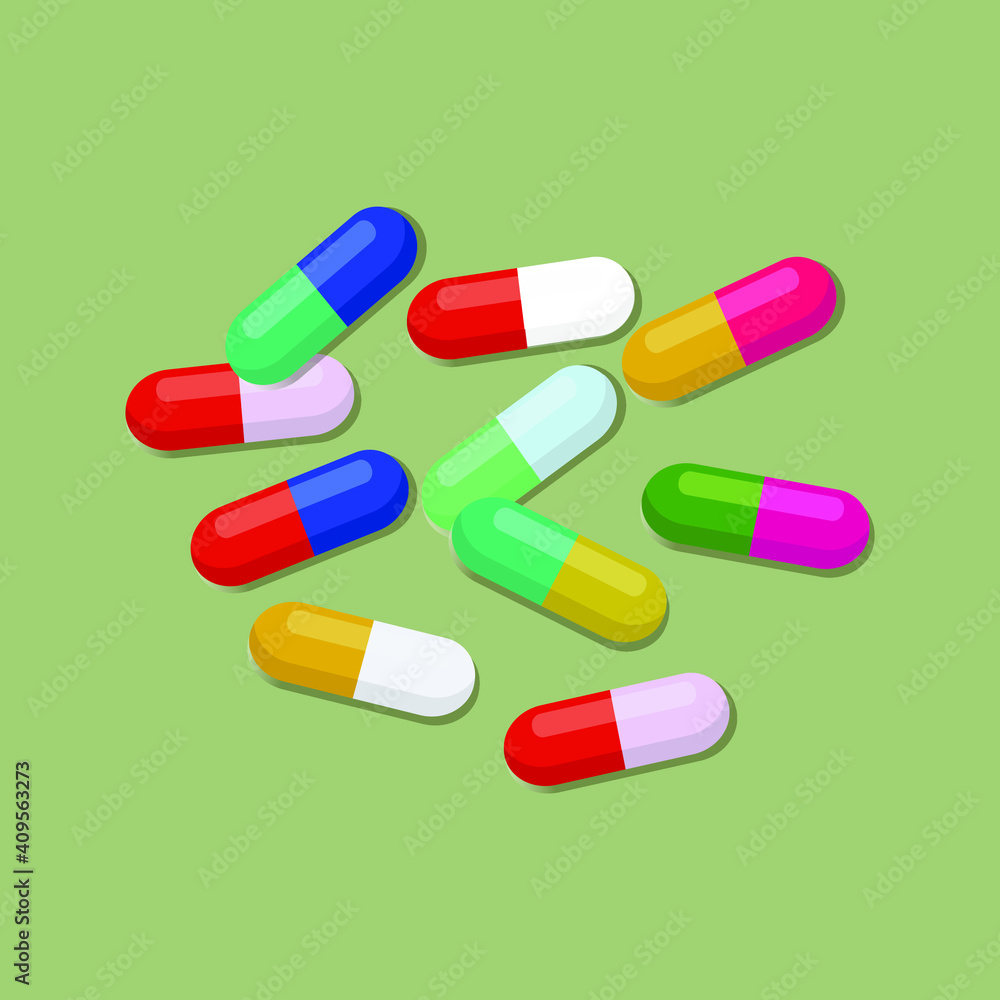 Set of medical capsule pills, drugs, created in different collors. Background for pharmacy shop or drugstore. Element of vector design for medical or pharmaceutics concept Set of medical capsule pills, drugs, created in different collors. Background for pharmacy shop or drugstore. Element of vector design for medical or pharmaceutics concept