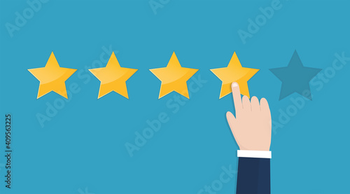 Businessman hand pointing stars rating on blue background. Increase rating, ranking, review. Vector illustration