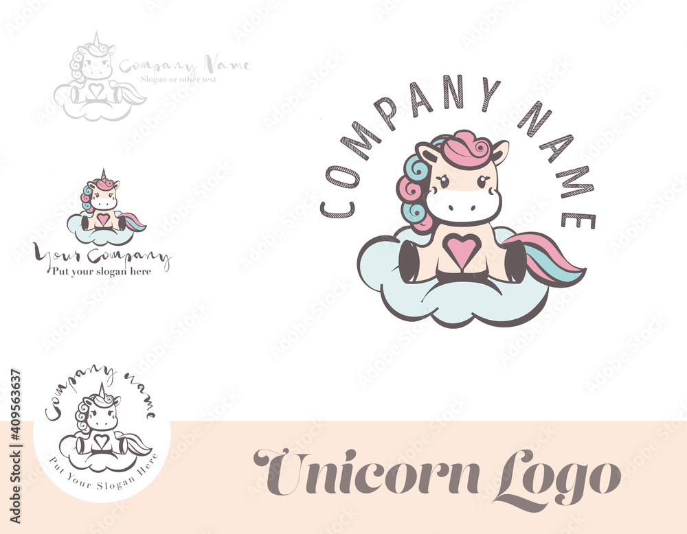 Cartoonish unicorn logo set good for toys business or pediatrician. Pony or unicorn on cloud with heart