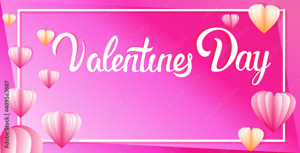 valentines day celebration love banner flyer or greeting card with paper cut pink hearts horizontal vector illustration