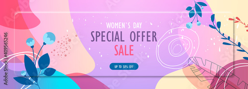 womens day 8 march holiday celebration vibrant sale banner flyer or greeting card with decorative leaves and hand drawn textures horizontal vector illustration