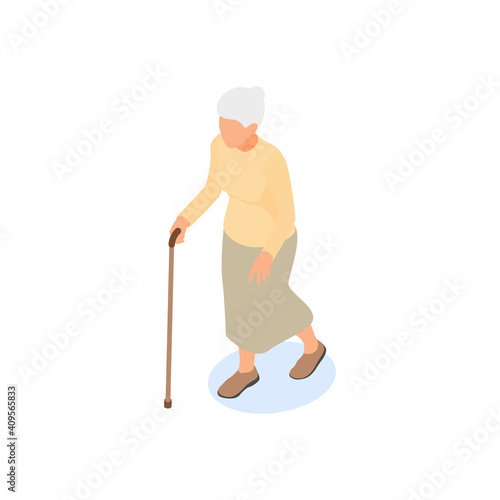An elderly woman walks on a cane. Isolated grandmother on a white background.