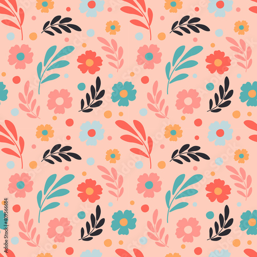 cute vector seamless pattern with hand drawn floral ornament on a pink background. patern for printing on clothing, fabric, wrapping paper, flower background, wallpaper