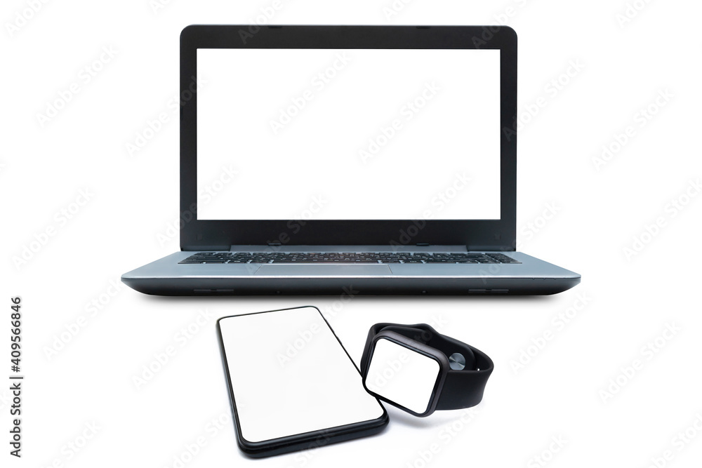Laptop computer, smart phone and smart watch on white isolated background. Laptop computer, smart phone and smart watch on white isolated background.