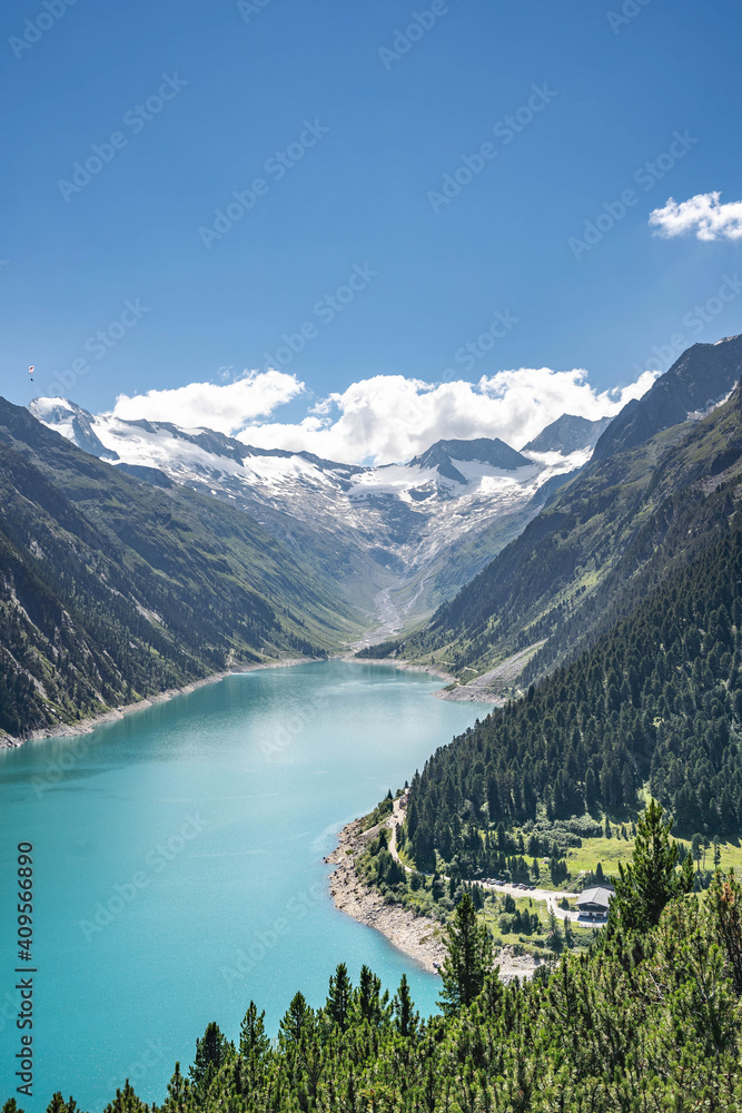 Schlegeisspeicher galacier resevoir in Zilltertal in Austria summer