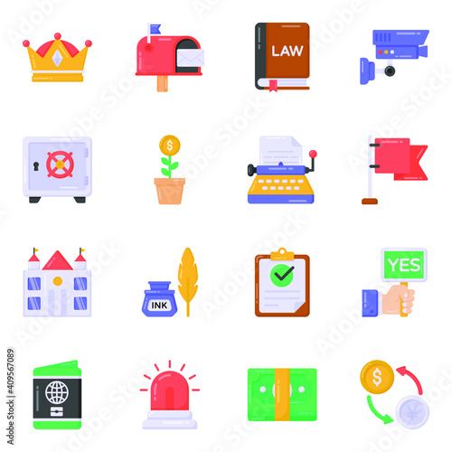 
Pack of Currency and Law Equipments Flat Icons 
