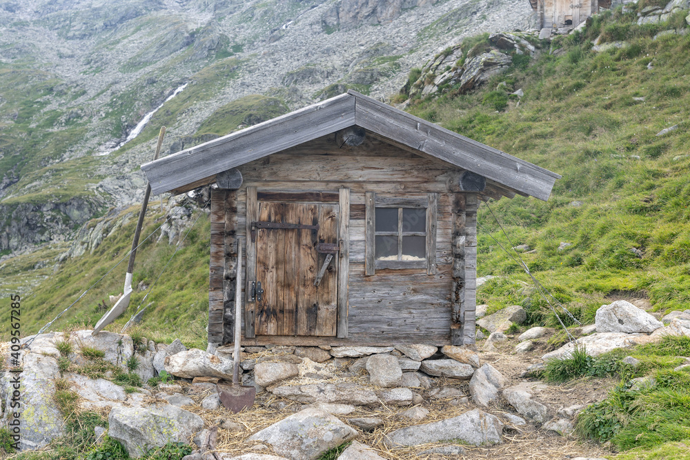 Wooden cabin on top of Zillertal Austria Alps near Olpererhutte