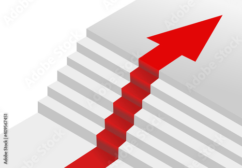 Career growth. The arrow indicates movement up the steps. White steps. Metaphor of passing stages. Red arrow.