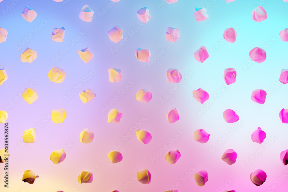 3d illustration of rows of unusual flying figures under a blue-pink neon color . Shape pattern. Technology geometry background 3d illustration of rows of unusual flying figures under a blue-pink neon color . Shape pattern. Technology geometry background