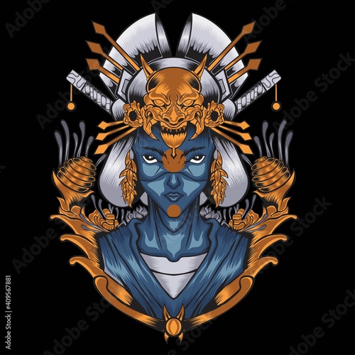 geisha girl with oni mask illustration