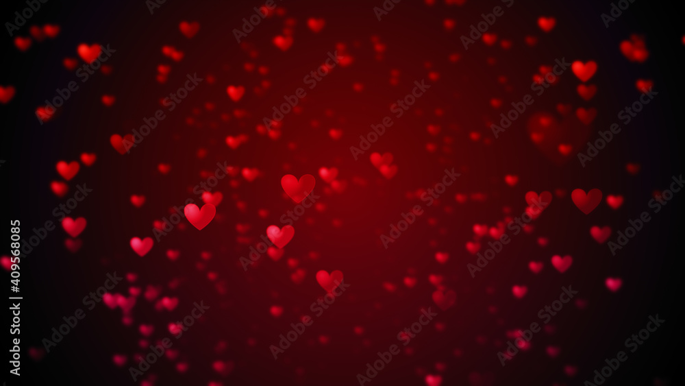 Valentine's day abstract background, flying red hearts and particles valentines background concept. 3d rendering