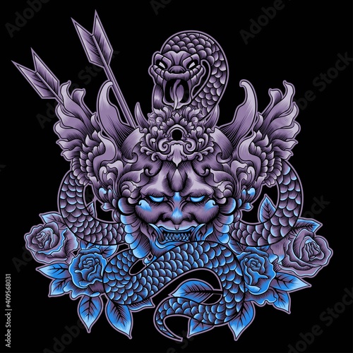 Hannya mask with snake illustration
