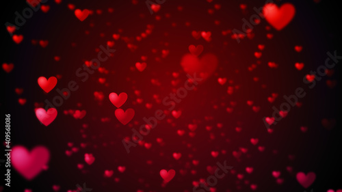 Valentine's day abstract background, flying red hearts and particles valentines background concept. 3d rendering