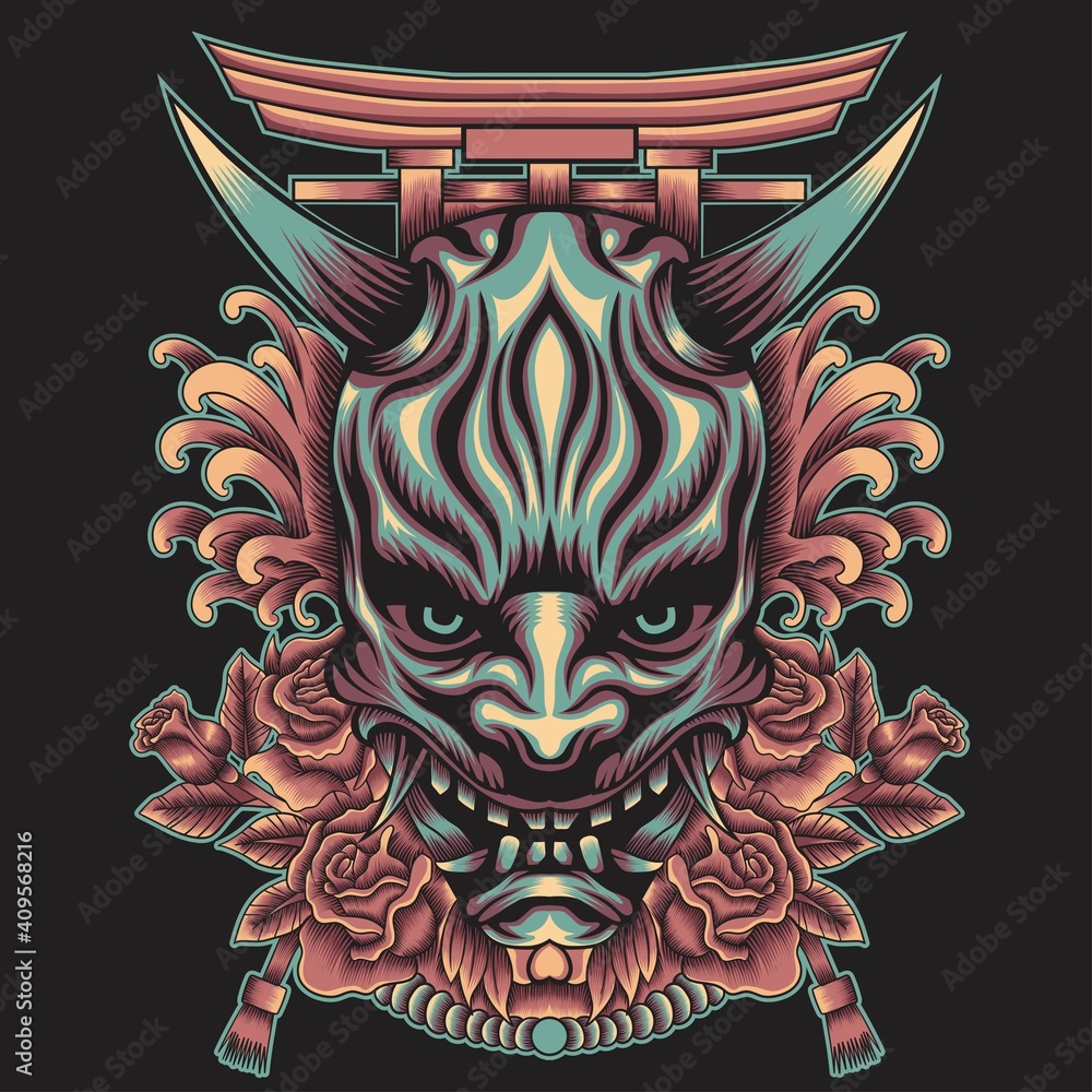 Fototapeta premium oni mask with japanese ornament illustration