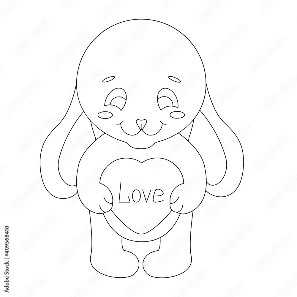 Cute character bunny with a heart in his paws and the inscription love. Can be used as a sticker. Black and white vector linear image. Ideal for love cards and for the holidays for loved ones.