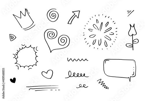 hand drawn set element,black on white background.heart,light,king,emphasis,swirl,flower,speech bubble,arrow,for concept design.