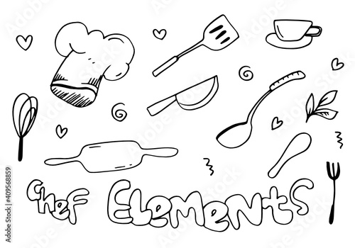 chef hat vector doodle with assorted other cooking utensils for design concept