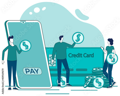 Online payments.Money transfers using a smartphone.People send money from their smartphone to a credit card.Flat vector illustration.