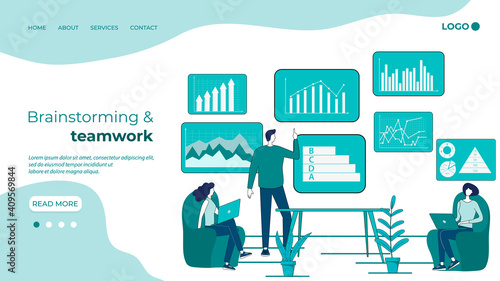 Businessmen hold a meeting against the background of infographics.The concept of teamwork, leader influence, and brainstorming.Boss and office workers.Flat vector illustration.Landing Page Template