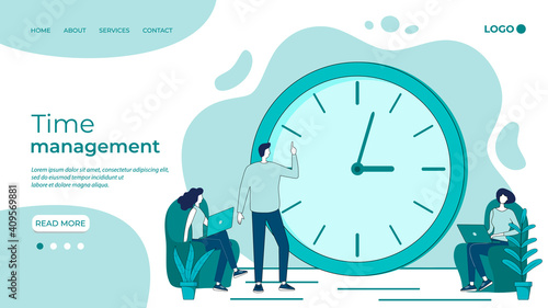 Time management and deadline.Businessmen agree on the terms of implementation of business projects.The concept of teamwork and time control.Flat vector illustration.Landing Page Template.