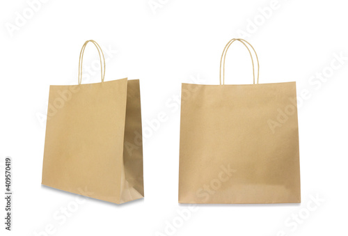 Recycled paper shopping bags on white background