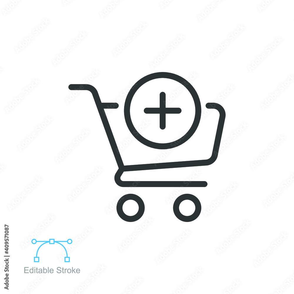 Add cart line icon. Supermarket trolley symbol for E-Commerce. Shopping Cart. Retail market sale item. Trolley Cart. Editable stroke Vector Vector illustration design on white background. EPS 10 Add cart line icon. Supermarket trolley symbol for E-Commerce. Shopping Cart. Retail market sale item. Trolley Cart. Editable stroke Vector Vector illustration design on white background. EPS 10
