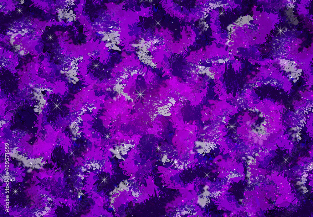 Fototapeta premium Illustration of a space multicolor purple texture. Grunge abstract violet watercolor background со звездами.Textured canvas blue, pink and purple colors for modern creative design. 