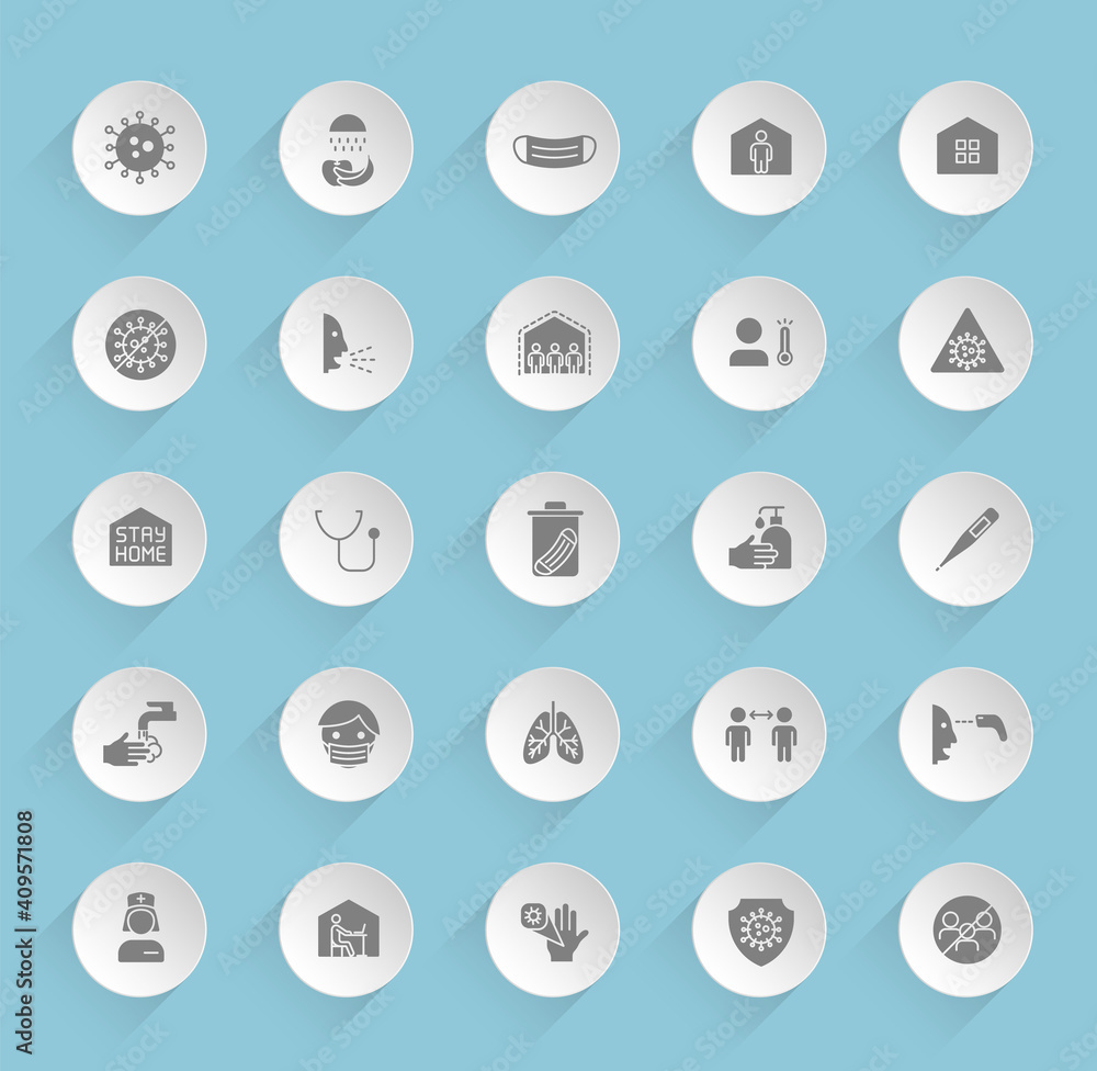 coronavirus vector icons on round puffy paper circles with transparent shadows on blue background. Stock vector icons for web, mobile and user interface design coronavirus vector icons on round puffy paper circles with transparent shadows on blue background. Stock vector icons for web, mobile and user interface design