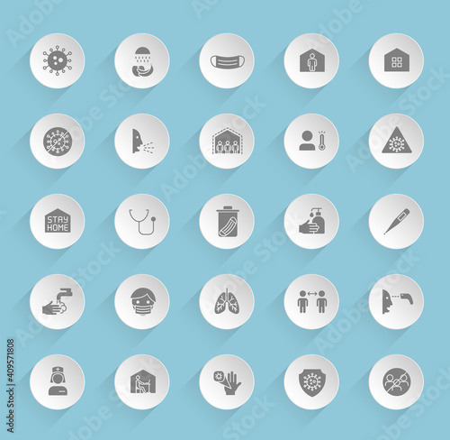 coronavirus vector icons on round puffy paper circles with transparent shadows on blue background. Stock vector icons for web, mobile and user interface design
