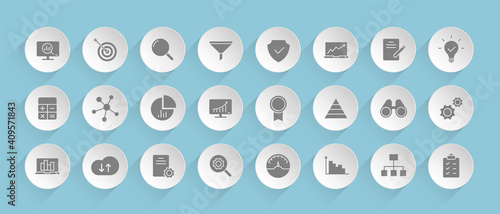 data analytics vector icons on round puffy paper circles with transparent shadows on blue background. Stock vector icons for web, mobile and user interface design