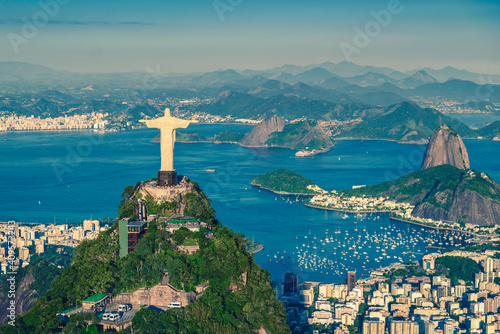 Aerial helicopter panorama of Botafogo Bay with Christ and Sugar Loaf Mountain in Rio de Janeiro, Brazil